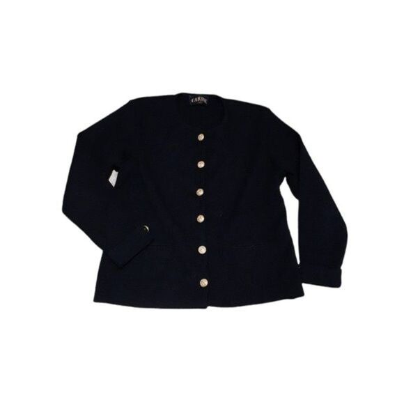 CARINE Paris Wool Cardigan Golden Metal Accent Nautical Buttons Front Pockets M - Picture 1 of 9